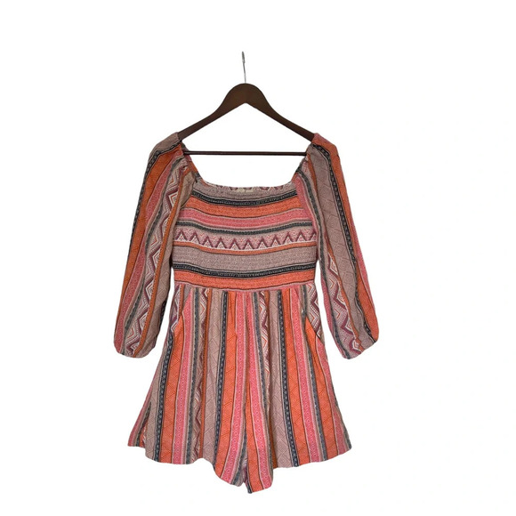 Easel Striped Multicolor Romper 3/4 Sleeve Smocked Waist Geometric Print Size S - Picture 1 of 6